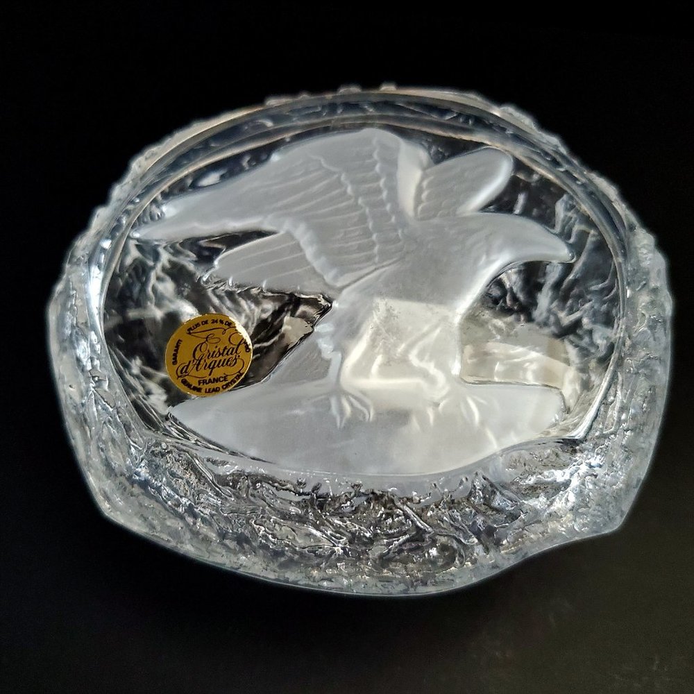 VTG CRISTAL D'ARQUES France Crinkle Glass Trinket / Jewellery Box Frosted Eagle
